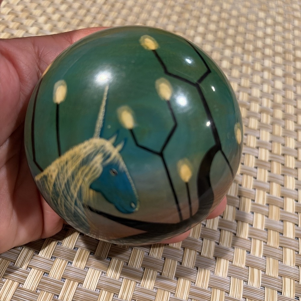 Vintage Hand Painted Lacquer Wood Round Trinket Box Unicorn Bat Folk